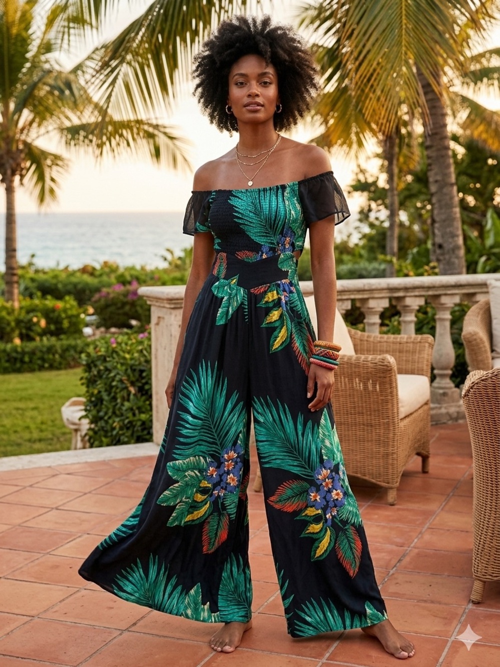 Patrons of Peace Black Off-Shoulder Tropical Print Wide-Leg Jumpsuit